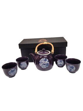 Teavana Teapot Cups Kaleidoscope Stoneware Plum Blue Japan Bamboo 5 PC Box